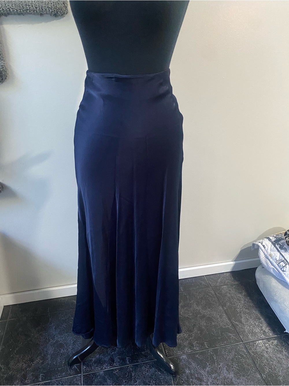 Zara Navy Satin Bias-Cut Maxi Skirt